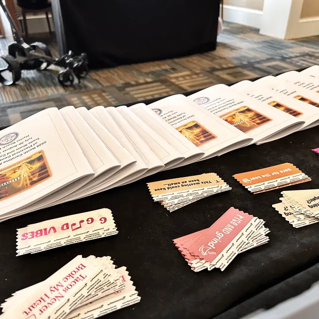 Raffle tickets and vouchers at a booth table